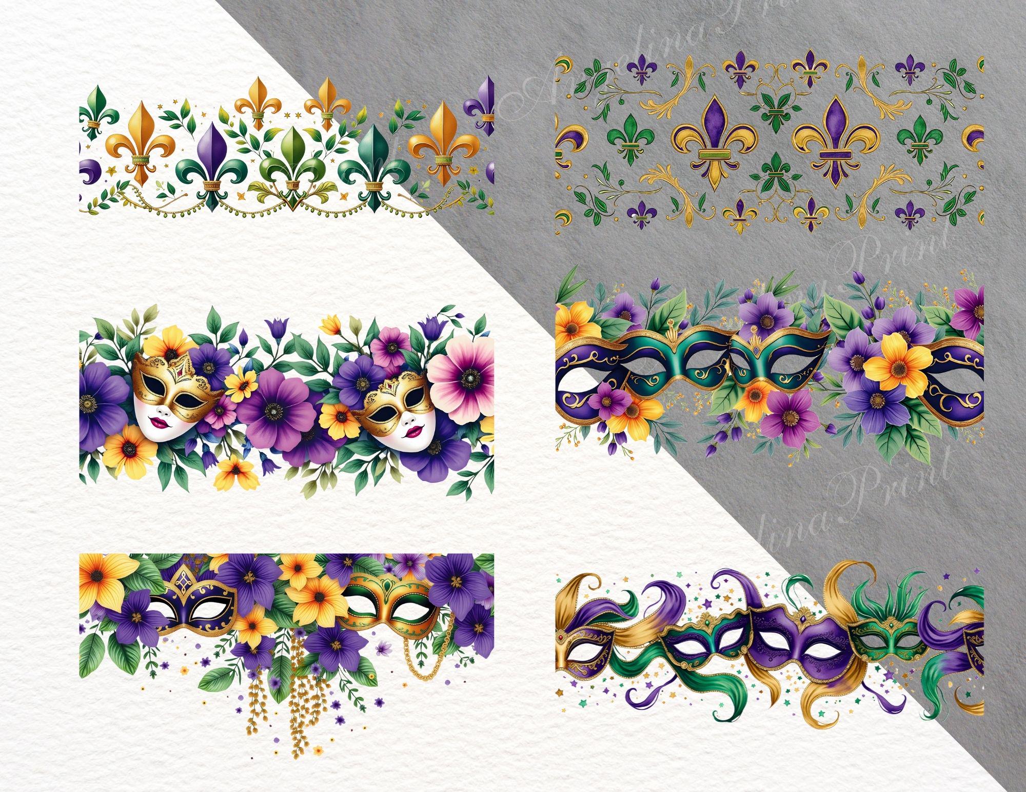 14 Mardi Gras Seamless Borders Clipart | Masquerade Mask Floral Border ...