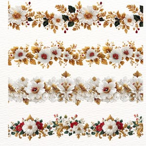 May include: Four decorative floral border designs. Each border features white flowers with red centers, gold accents, and green leaves. The designs vary in style, with some having ornate scrollwork.