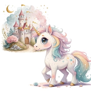 Puede incluir: Un unicornio blanco con una melena y cola arcoíris mira hacia arriba a un castillo rosa y blanco en las nubes. El unicornio tiene un cuerno dorado y ojos azules. El castillo tiene un techo rosa y torres blancas.