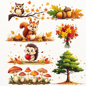 Może przedstawiać: Kolekcja ilustracji w tematyce jesiennej, przedstawiająca sowę na gałęzi, wiewiórkę trzymającą orzech, jeża z jabłkiem i kolorowe grzyby. Widoczne są również żołędzie, bukiet liści i drzewo.