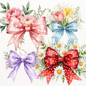 May include: A watercolour illustration featuring four floral arrangements with bows. The bows are in pink, blue, red, and purple, each with white polka dots. The arrangements include flowers, greenery, and daisies, creating a decorative design.