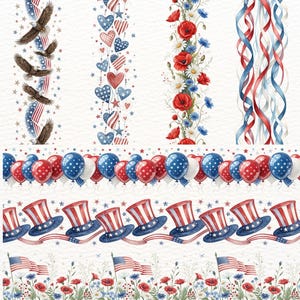 May include: Watercolor illustrations of patriotic-themed borders. Designs include flying eagles, hearts, flowers, ribbons, balloons, Uncle Sam hats, and American flags. The color palette features red, white, and blue, perfect for Independence Day or other patriotic events.