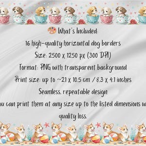 Puede incluir: Dise&ntilde;o de borde de perro en acuarela con cachorros en tazas de t&eacute; y corgis con pelotas de playa. La imagen incluye el texto "Qu&eacute; incluye: 16 bordes horizontales de perros de alta calidad. Tama&ntilde;o de impresi&oacute;n: hasta ~21 x 10,5 cm."