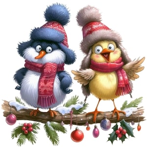 16 oiseaux fantaisistes de Noël, oiseaux joyeux vacances, clipart aquarelle, PNG, fond transparent