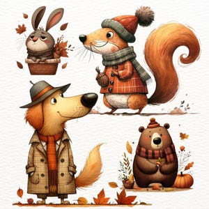 Può includere: Illustrazione ad acquerello di quattro animali antropomorfi in abiti autunnali. Un coniglio in un cesto, uno scoiattolo con una ghianda, un cane con un trench e un orso con una sciarpa, circondati da foglie autunnali.