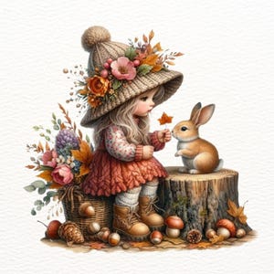 19 Fall Clipart – Autumn Gnome Girl, Squirrel, Bunny. Fall Elements, PNG Clipart with Transparent Background, Scrapbooking and Printing.