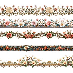 May include: Five decorative floral border designs. Each border features detailed illustrations of flowers, leaves, and ornate scrollwork in various colors, including pink, yellow, and green, against a white background. The designs are suitable for crafts and design projects.