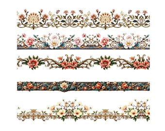 25 Seamless Floral Baroque Borders PNG – Vintage Ornamental Flower Clipart , vintage clipart, PNG floral trim, planner border, elegant frame