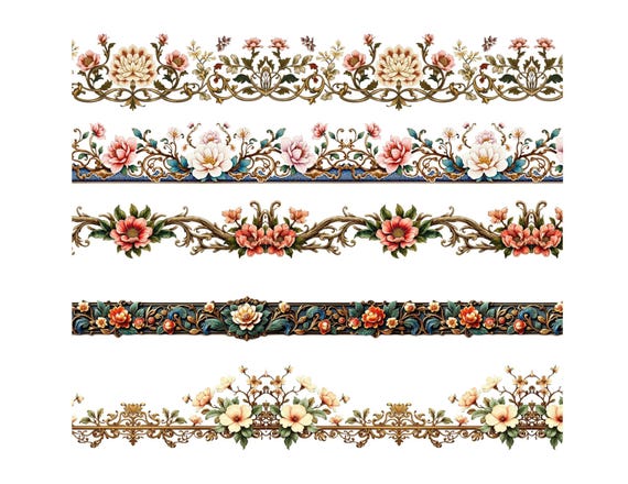25 Seamless Floral Baroque Borders PNG – Vintage Ornamental Flower Clipart , vintage clipart, PNG floral trim, planner border, elegant frame