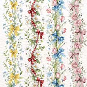 May include: Watercolor floral border designs featuring yellow bows, daisies with red polka dot ribbon, pink tulips with blue bows, and pink roses with pink polka dot bows. The designs are on a white background.