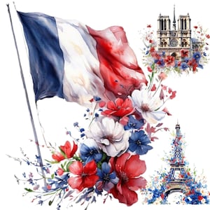 20 imágenes prediseñadas del Día de la Bastilla, ilustración de París, flores rojas, azules y blancas, fiesta nacional francesa, arte digital imprimible