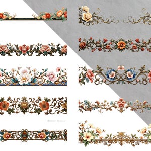 May include: A collection of ornate floral border designs. Each design features detailed illustrations of flowers in various colors, including red, pink, orange, and yellow, with intricate scrollwork and embellishments. The borders are suitable for decorative purposes.