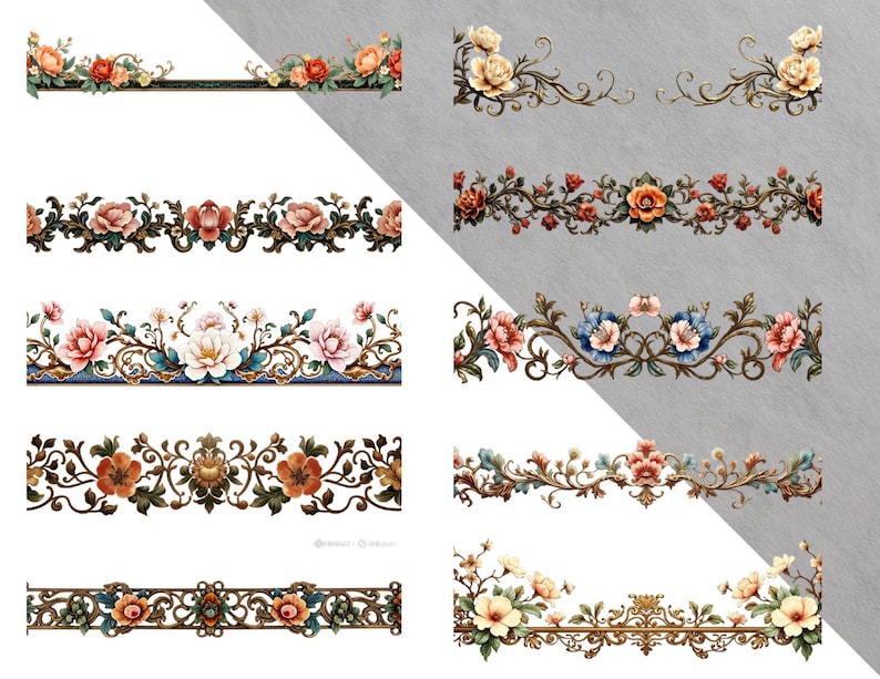 May include: A collection of ornate floral border designs. Each design features detailed illustrations of flowers in various colors, including red, pink, orange, and yellow, with intricate scrollwork and embellishments. The borders are suitable for decorative purposes.