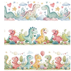 Lindos bordes de cumpleaños de dinosaurios Clipart – 11 bordes de acuarela sin costuras PNG, borde horizontal de dinosaurio de cumpleaños, fiesta infantil, dinosaurio de acuarela