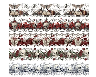 17 Seamless Macabre Borders PNG – Gothic Horizontal Ornaments, Dark Aesthetic Clipart, skull ornament, seamless gothic, horror scrapbooking