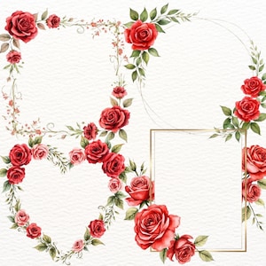 Könnte beinhalten: Aquarell-Blumenrahmen mit roten Rosen und grünen Blättern. Das Bild zeigt einen quadratischen, einen kreisförmigen, einen herzförmigen und einen rechteckigen Rahmen, alle mit Rosen verziert. Ideal für Einladungen, Karten oder Designprojekte.