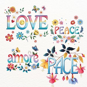 May include: Watercolor illustrations featuring the words "LOVE", "PEACE", "amore", and "PACE" in colorful, gradient lettering. Each word is surrounded by floral and butterfly accents. The artwork has a whimsical and cheerful aesthetic.