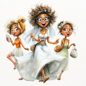 Puede incluir: Ilustración de tres mujeres sonriendo, una con un vestido de novia, las otras con ropa informal. La novia lleva gafas y un velo. Una mujer sostiene un teléfono, otra un bolso y la tercera una bolsa. Estilo de dibujos animados.