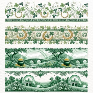 10 St Patrick's Day Seamless Borders PNG | Irish Landscape Clipart with Clover | Continuous Green Decorative Border for Printing