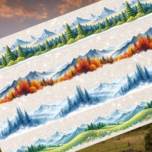 Puede incluir: Cinta washi de acuarela con paisajes de monta&ntilde;as y bosques en varias estaciones. La cinta incluye escenas de picos nevados, follaje oto&ntilde;al y praderas verdes. El dise&ntilde;o es detallado y colorido.