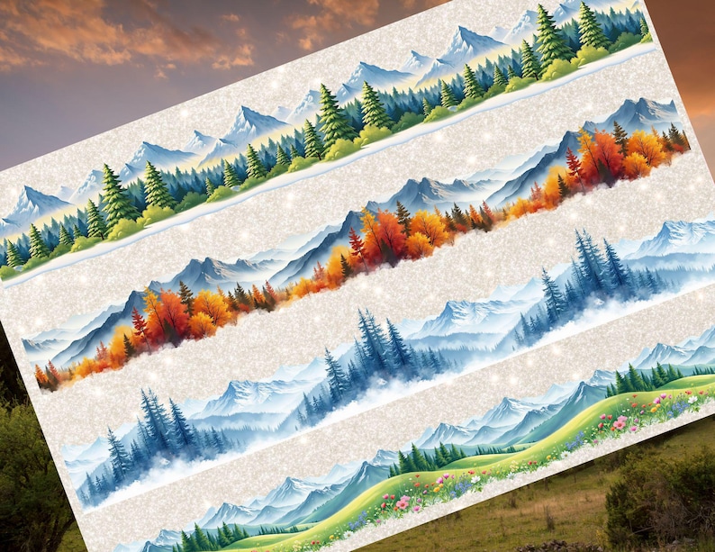 Puede incluir: Cinta washi de acuarela con paisajes de monta&ntilde;as y bosques en varias estaciones. La cinta incluye escenas de picos nevados, follaje oto&ntilde;al y praderas verdes. El dise&ntilde;o es detallado y colorido.