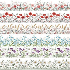 14 bordures florales sans couture : coquelicot, marguerite, myosotis, ornement floral, PNG, clipart floral, bordures florales, motif imprimé