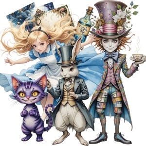 76+18 ilustracji inspirowanych Alicją w Krainie Czarów, akwarelową Alicją, Szalony Kapelusznik, Białym Królikiem, ilustracją przyjęcia herbacianego, cyfrowym albumem Alicji