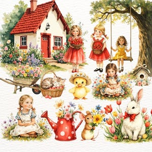26 cliparts rétro Cottagecore – Filles et animaux mignons, animaux aquarelles, cliparts de filles mignonnes, style années 70, clipart vintage, clipart de scrapbooking