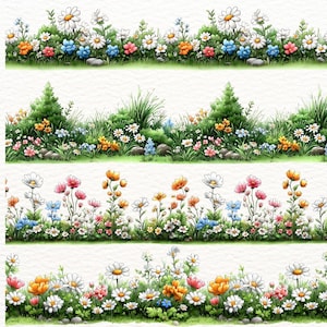 May include: Watercolor illustrations of floral borders featuring a variety of colorful flowers, including daisies, roses, and other wildflowers. The borders are set against a backdrop of green grass and small rocks, creating a natural and vibrant design.