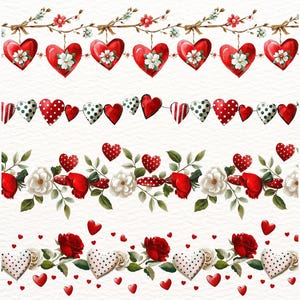 May include: Watercolour illustrations of Valentine's Day themed borders. The designs feature red hearts, white flowers, and green leaves. Some hearts have polka dots or stripes. The borders are arranged in horizontal rows.