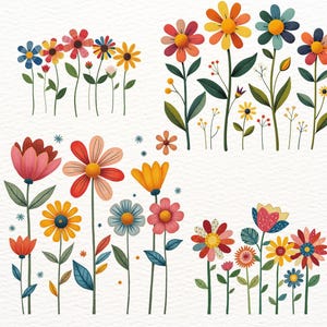 Peut inclure: Illustration à l'aquarelle de fleurs colorées dans divers arrangements. Les fleurs présentent une gamme de couleurs, notamment le rouge, le jaune, le bleu et l'orange, avec des tiges et des feuilles vertes. L'œuvre a une esthétique fantaisiste et joyeuse.