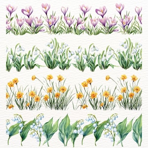 20 Seamless Spring Flower Borders | Spring Floral Continuous Borders | Lily of the Valley, Snowdrops & Violets