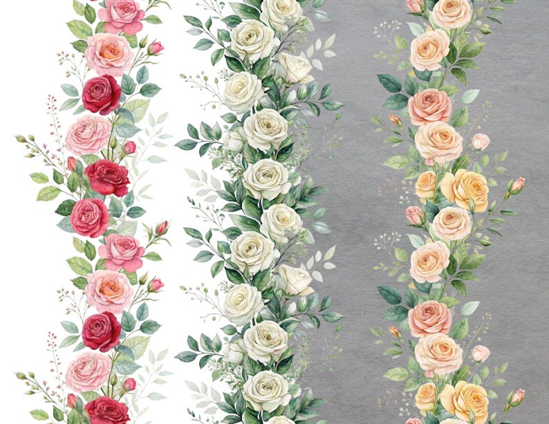 Vertical Roses Border Vertical Floral Border Clipart, Seamless Rose Frame, Watercolor Flowers ...