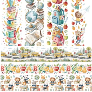 May include: A collection of watercolour illustrations with a school theme. Designs include stacks of books, globes, backpacks, apples, and school buses. There are also images of animals at desks, and the letters A, B, and C. The colour palette is mainly pastel with pops of red and green.