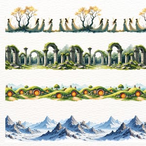 May include: Watercolor illustrations of fantasy landscapes. The image features four horizontal bands: fairies near a tree, ancient ruins, hobbit homes, and snow-covered mountains with a castle.