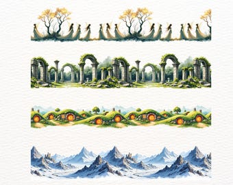 21 Fantasy Seamless Borders Inspired by Middle-Earth | Elven Landscapes, Mountains & Castles Clipart PNG | Continuous Border for Printing