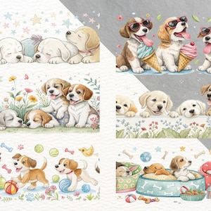 Puede incluir: Ilustraciones en acuarela de cachorros juguetones en varias escenas. Algunos cachorros est&aacute;n durmiendo, otros disfrutan de helados y otros juegan con juguetes. La obra de arte presenta colores suaves y un estilo caprichoso, perfecto para la decoraci&oacute;n infantil o productos con tem&aacute;tica de mascotas.