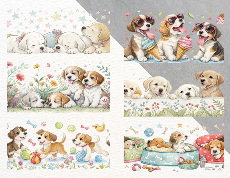 Puede incluir: Ilustraciones en acuarela de cachorros juguetones en varias escenas. Algunos cachorros est&aacute;n durmiendo, otros disfrutan de helados y otros juegan con juguetes. La obra de arte presenta colores suaves y un estilo caprichoso, perfecto para la decoraci&oacute;n infantil o productos con tem&aacute;tica de mascotas.