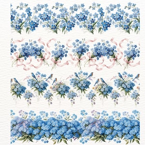 May include: A selection of watercolour floral border designs. The designs feature blue flowers and green leaves, with some including pink ribbons and small blue birds. Set against a white textured background, the designs have a delicate, artistic feel.