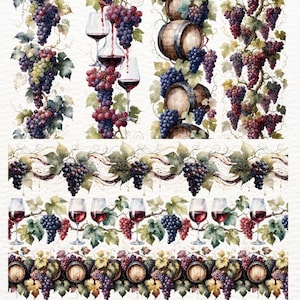 26 Seamless Wine Borders | Grape Vine Watercolor Clipart PNG | Wine Glass Barrel Border for Printing, Invitations & Planners