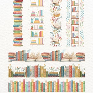 Puede incluir: Ilustraciones en acuarela de libros y estanterías en varias disposiciones. Se representa una alta pila de libros coloridos, estanterías con libros y decoración, y filas de libros con libros abiertos. La obra de arte presenta una paleta de colores suaves y pastel.