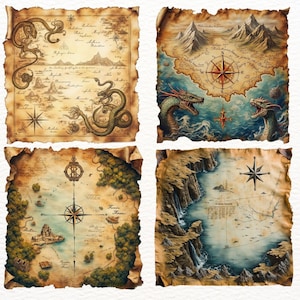 15 Vintage Piratenschatzkarten Clipart – Realistische alte Karten PNG – Aquarell nautische Illustrationen, Piraten druckbar, Seeabenteuer Clipart