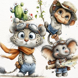 May include: A charming illustration depicts a cheetah with goggles and an orange scarf, a monkey in a safari hat, and an elephant holding a map. The cheetah has a cactus on its head. All are wearing denim and have large eyes.