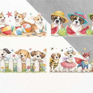 Puede incluir: Ilustraciones en acuarela de perros en escenas de verano. Corgis con pelotas de playa y estrellas de mar. Bulldogs con sand&iacute;as y sombreros. Otras im&aacute;genes muestran perros detr&aacute;s de una valla y disfrazados de superh&eacute;roes.