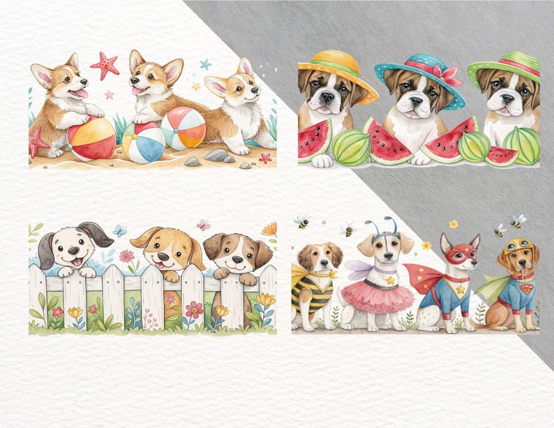 Puede incluir: Ilustraciones en acuarela de perros en escenas de verano. Corgis con pelotas de playa y estrellas de mar. Bulldogs con sand&iacute;as y sombreros. Otras im&aacute;genes muestran perros detr&aacute;s de una valla y disfrazados de superh&eacute;roes.
