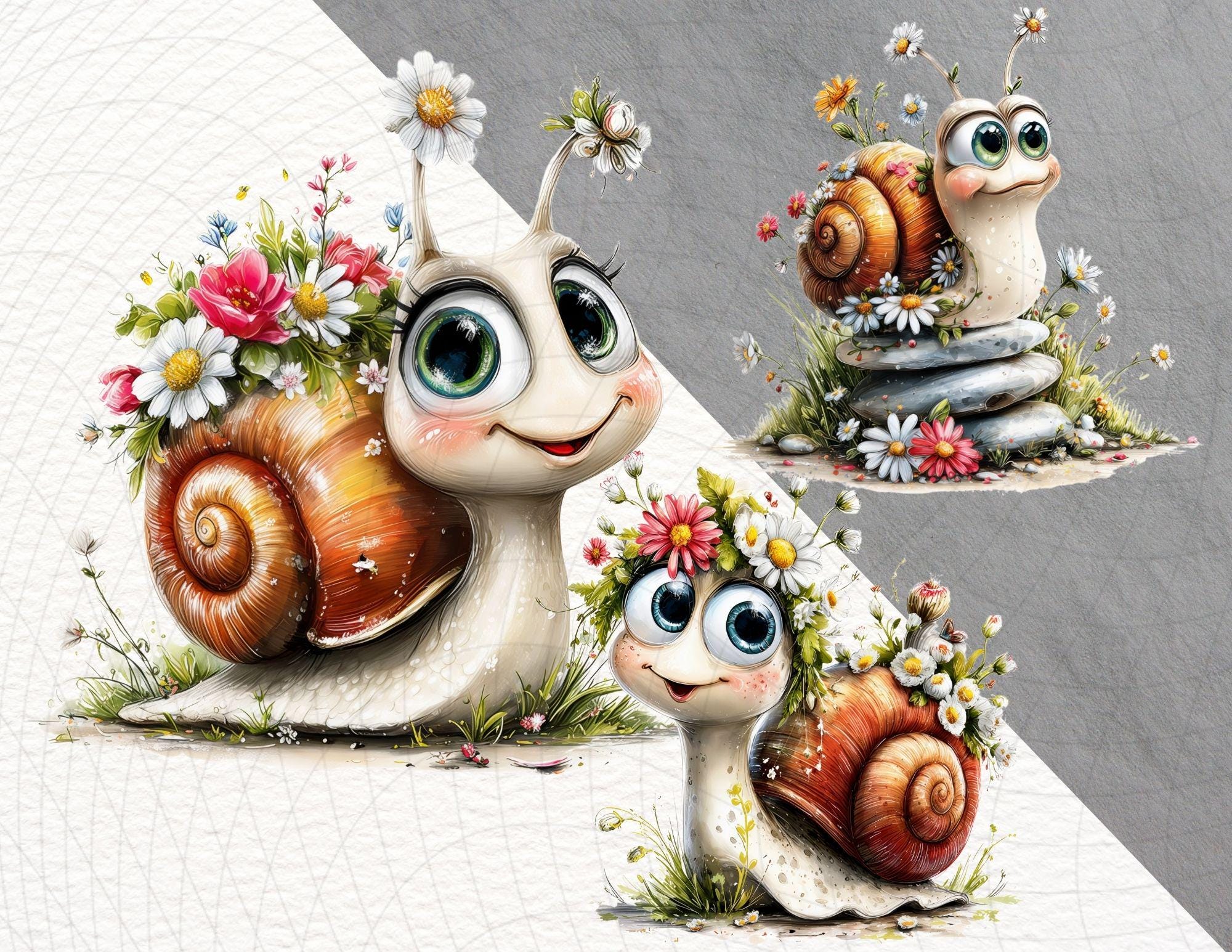 14 Cute Snail Clipart | Whimsical Garden Snails PNG | Floral Snail ...