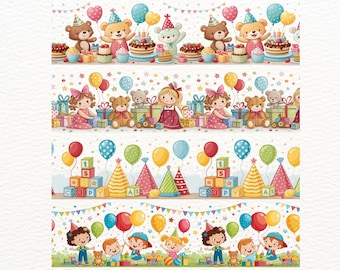 May include: A colorful illustration featuring four horizontal bands with birthday themes. The top band shows teddy bears with cakes and balloons. The second band has children with gifts and teddy bears. The third band displays blocks and party hats. The bottom band shows children with balloons and gifts.
