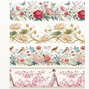 May include: Four decorative floral border designs. The top border features red and pink peonies, green leaves, and butterflies. The second border has cream-coloured lotus flowers. The third border has birds and pink flowers. The bottom border has a woman in a kimono.