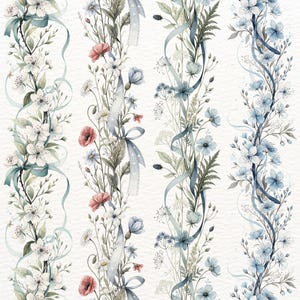 24 sömlösa blommiga ramar Clipart | Vildblommor, prästkragar, vallmo och äppelblom | Vårblomsram PNG för inbjudningar, scrapbooking