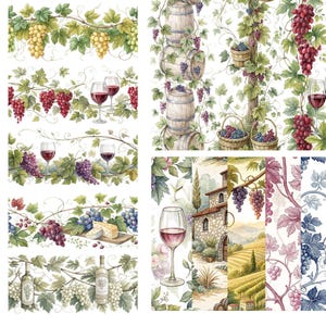 May include: A collection of digital paper designs featuring various grapevine patterns, wine glasses, wine bottles, and a vineyard scene. The designs are in a watercolor style and feature shades of green, red, purple, and blue.